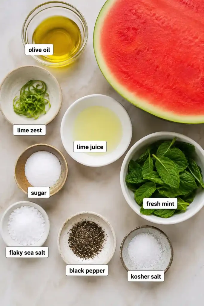 A platter of Mojito Watermelon Recipe topped with fresh mint leaves, lime zest, and flaky sea salt. This refreshing summer watermelon salad is vibrant, colorful, and perfect for warm-weather gatherings.