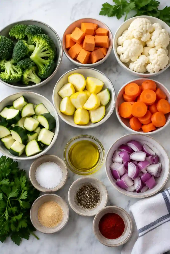 A bowl of Air Fryer Roasted Vegetables featuring broccoli, cauliflower, zucchini, carrots, and squash. The vegetables are lightly seasoned and cooked until tender with crisp golden edges.