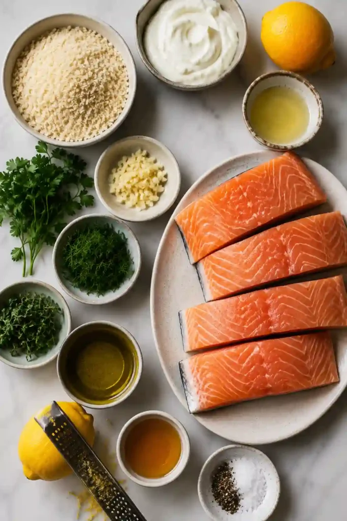 Close-up of golden herb-crusted salmon with fresh parsley, dill, and thyme served alongside tangy lemon dill sauce. Perfect for an easy weeknight meal.