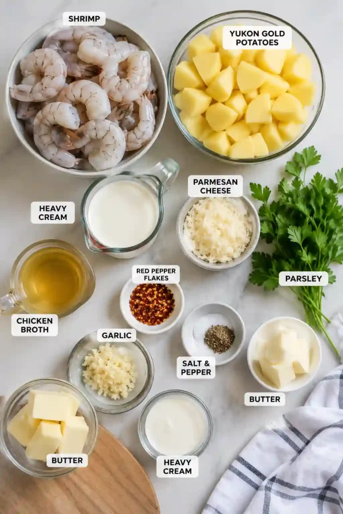 Homemade Creamy Garlic Shrimp Over Mashed Potatoes served on a white plate with fresh herbs and creamy garlic sauce. A hearty seafood comfort food recipe ideal for weeknight dinners.
