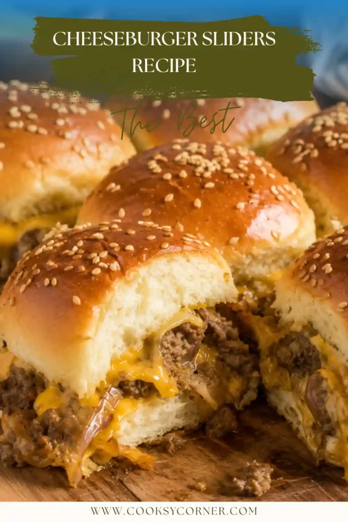 Mini cheeseburger sliders filled with ground beef, cheddar cheese, American cheese, onions, and pickles. A crowd-pleasing baked sandwich recipe.