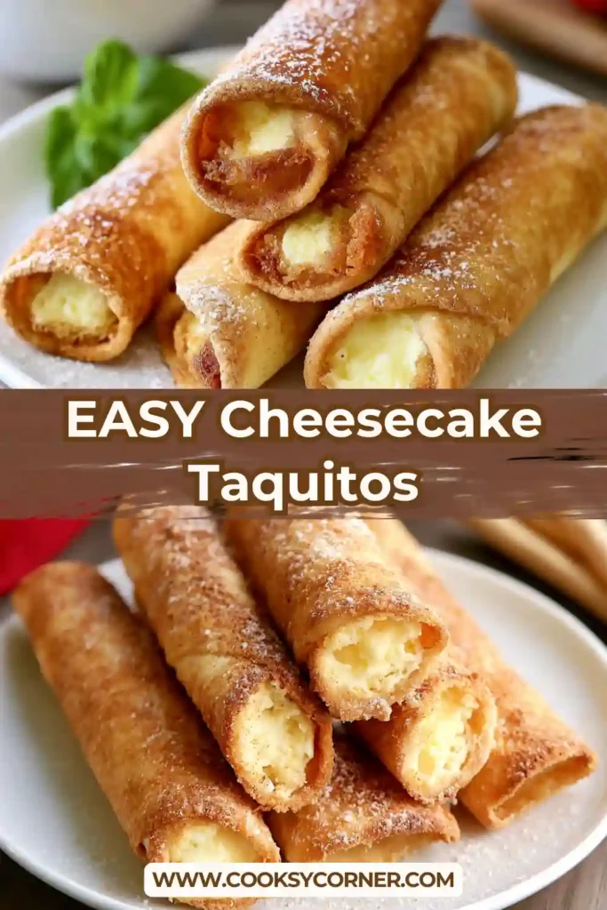 Freshly baked Cheesecake Taquitos coated in cinnamon sugar and served on a plate. The crispy golden tortillas are filled with a creamy cheesecake filling and garnished with strawberries.