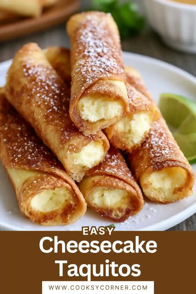 Crispy cinnamon sugar Cheesecake Taquitos arranged on a serving platter with fresh berries. The creamy center contrasts perfectly with the crunchy baked shell.