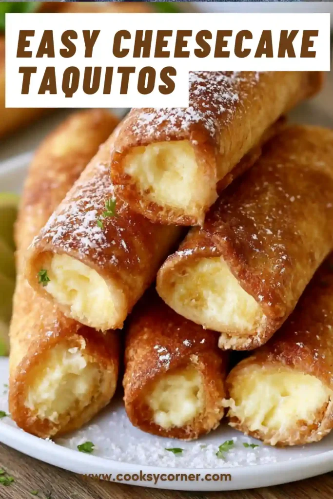 Homemade Cheesecake Taquitos topped with cinnamon sugar and served with caramel sauce. The dessert showcases a crunchy exterior and smooth cream cheese filling.