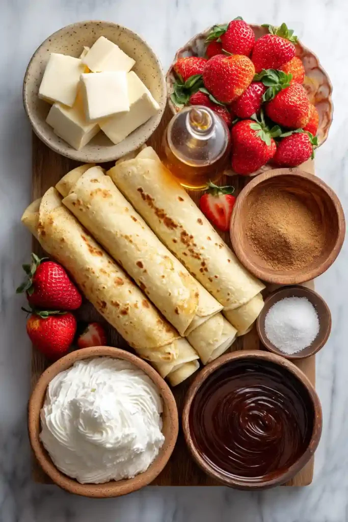 Baked dessert taquitos filled with cheesecake and dusted with cinnamon sugar. Served warm with whipped cream and fresh strawberries.