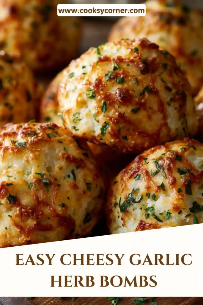 Freshly baked Cheesy Garlic Herb Bombs arranged on a serving plate with melted mozzarella cheese visible inside. The golden biscuit dough is brushed with garlic butter and topped with parsley.