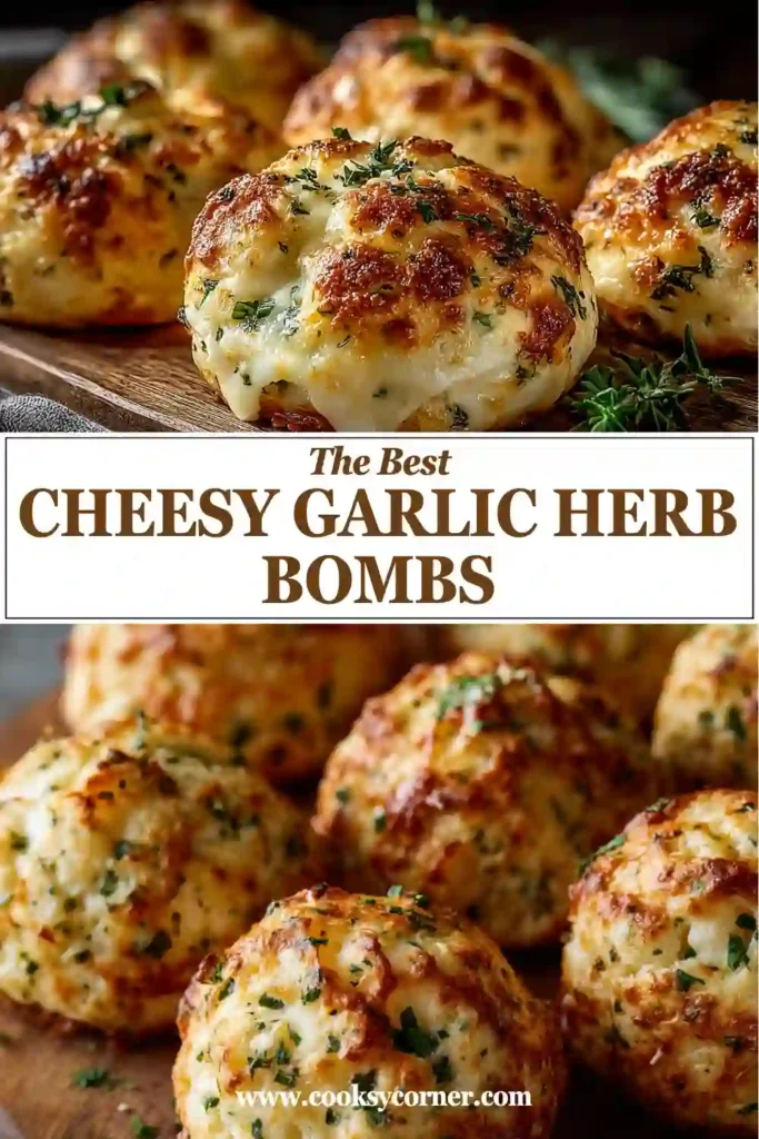 Close-up of cheesy garlic herb biscuit bombs with stretchy mozzarella cheese filling. These baked appetizers feature a crisp golden exterior and savory herb seasoning.