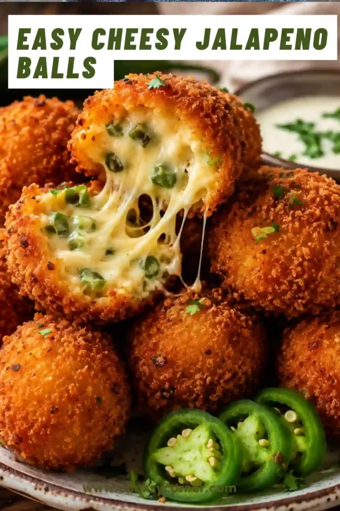A plate of crispy Cheesy Jalapeno Balls with a golden breadcrumb coating and melted pepper jack cheese inside. These spicy cheese bites make an irresistible party appetizer.
