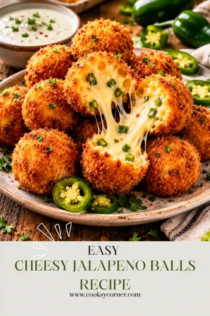 Close-up view of homemade Cheesy Jalapeno Balls showing a crispy crust and gooey cheese center. Perfect for game day snacks and entertaining.