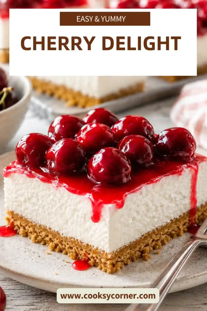 Cherry Delight dessert served in square slices with creamy cream cheese filling and cherry pie topping. This no-bake cherry dessert features a buttery graham cracker crust and vibrant fruit topping.