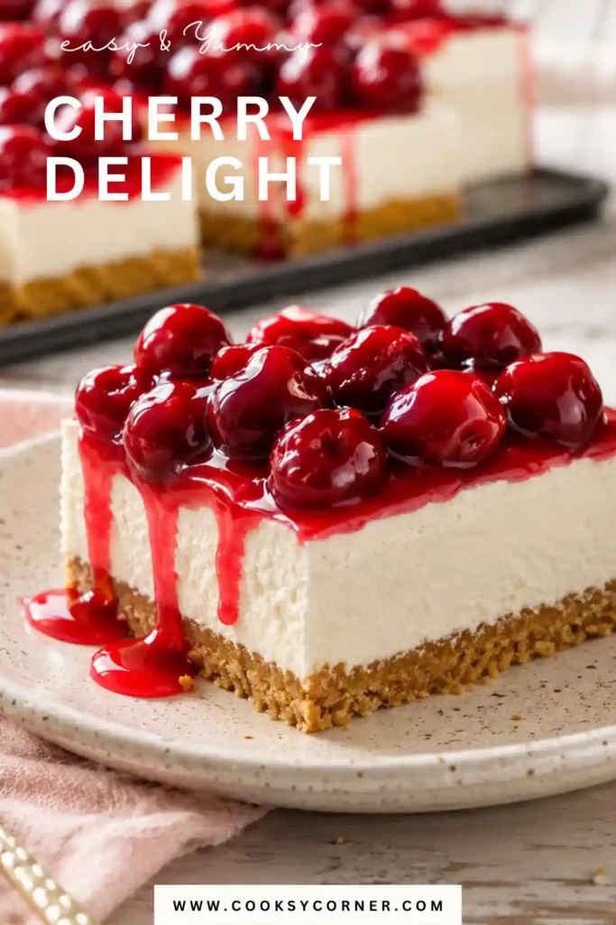 Homemade Cherry Delight cut into neat squares showing layers of graham cracker crust, creamy filling, and sweet cherries. A popular no-bake dessert for holidays and parties.
