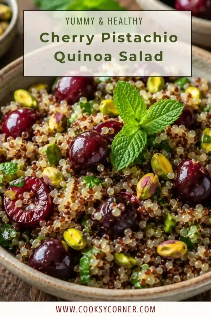 A bowl of Cherry Pistachio Quinoa Salad made with fresh cherries, chopped pistachios, mint, and fluffy quinoa. This colorful summer salad looks fresh, vibrant, and healthy.