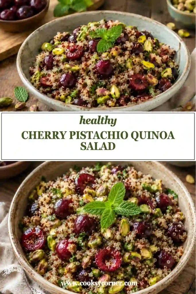 Healthy Cherry Pistachio Quinoa Salad featuring juicy cherries, crunchy pistachios, and fresh herbs. A refreshing gluten-free summer side dish served in a rustic bowl.
