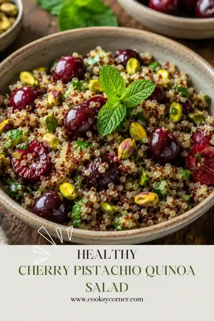 Fresh Cherry Pistachio Quinoa Salad tossed with mint and a light apple cider vinaigrette. Bright seasonal ingredients create a colorful and nutritious meal.