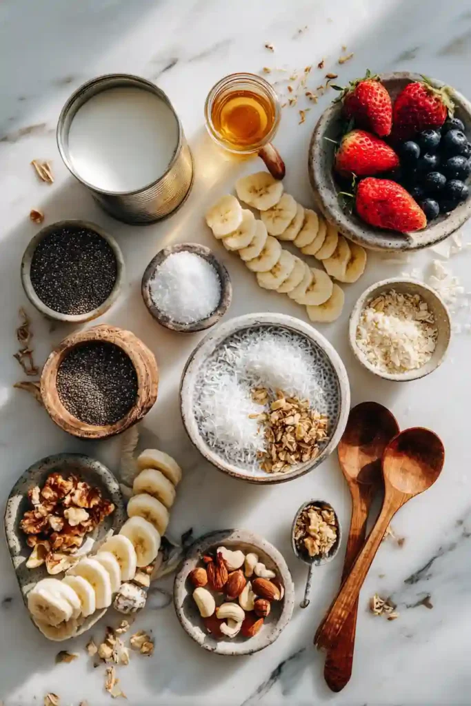 Vegan chia seed pudding made with coconut milk and topped with fresh fruit and granola.