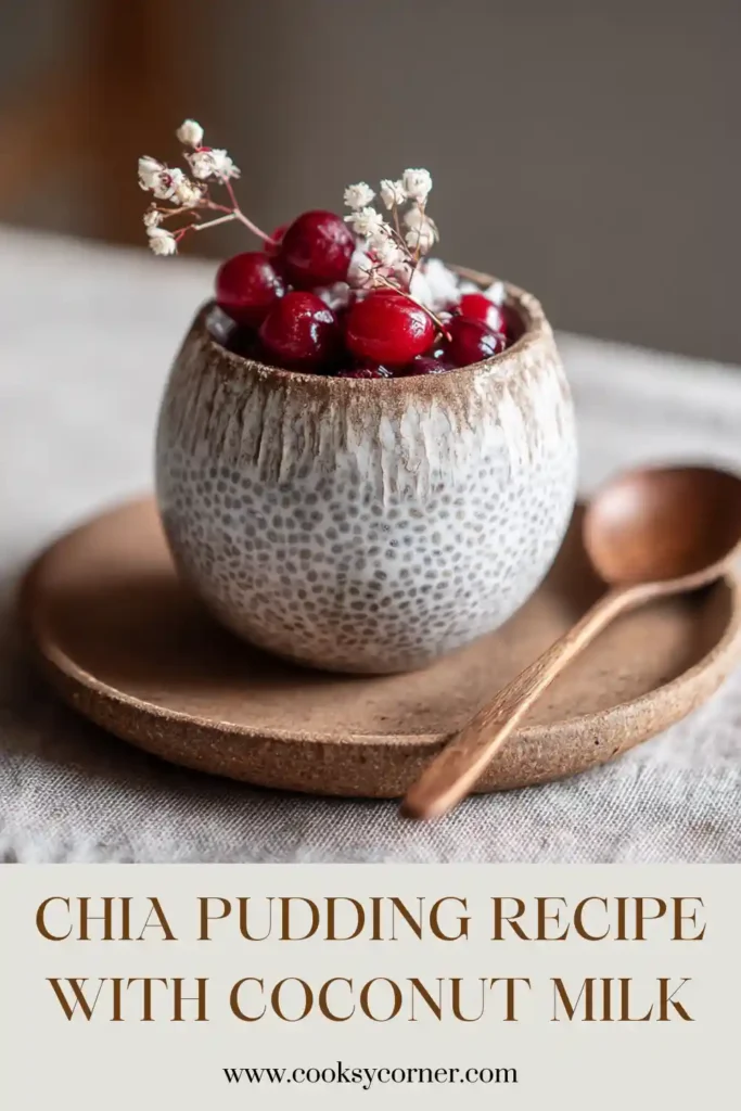 Creamy chia pudding made with coconut milk served in a glass jar topped with fresh berries and toasted coconut flakes.