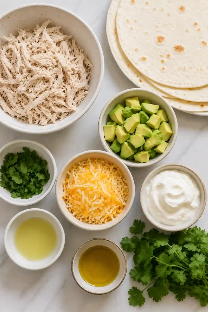 Close-up of a crispy chicken avocado tortilla wrap featuring melted cheese and fresh herbs.