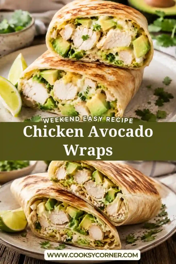 Golden Chicken Avocado Wraps filled with shredded chicken, creamy avocado, melted cheese, and fresh cilantro, sliced in half on a serving board.