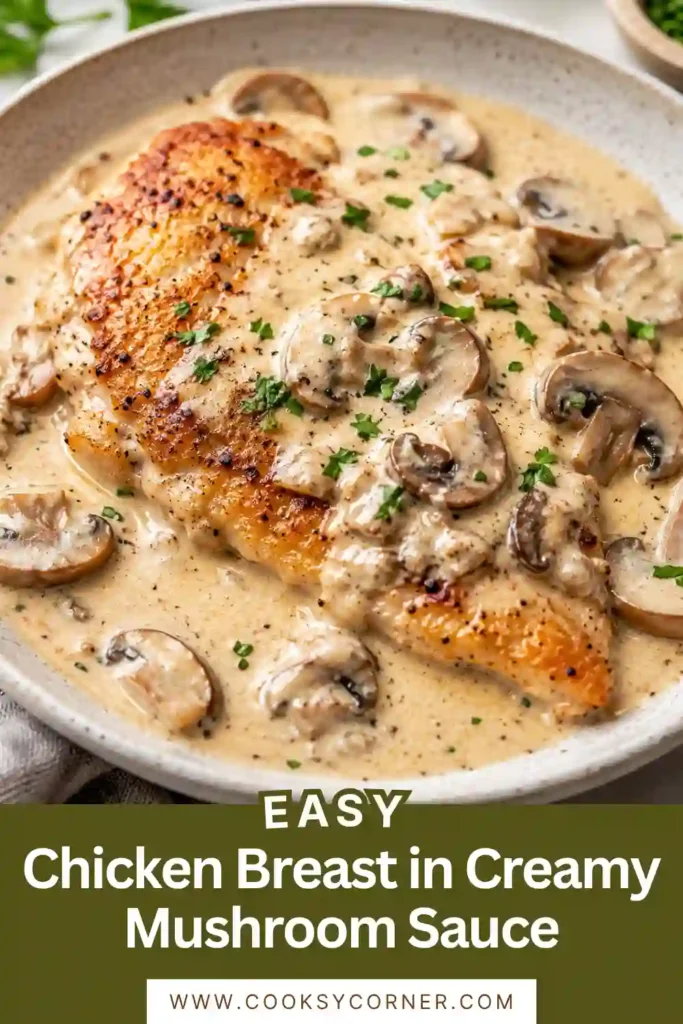 Close-up of creamy mushroom chicken with browned mushrooms and fresh parsley.