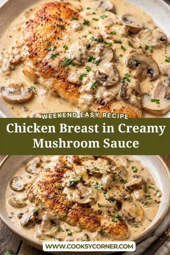 Chicken breast covered in creamy mushroom sauce with fresh herbs served alongside mashed potatoes.