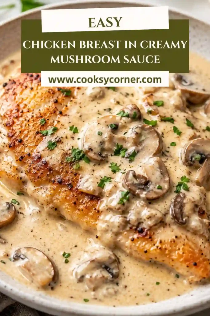 Golden pan-seared chicken breasts served in a creamy mushroom Parmesan sauce and garnished with fresh chives in a skillet.