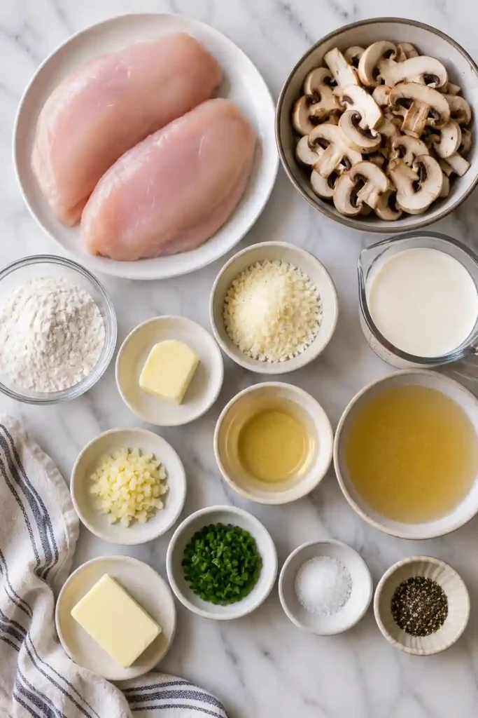 One-pan Chicken Breast in Creamy Mushroom Sauce garnished with chopped chives.