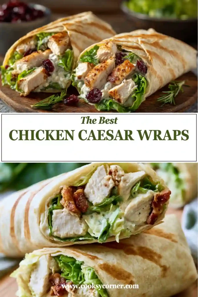 Close-up of homemade Chicken Caesar Wraps with juicy chicken, crunchy romaine, Parmesan cheese, and Caesar dressing. A simple and delicious wrap recipe for lunch or dinner.