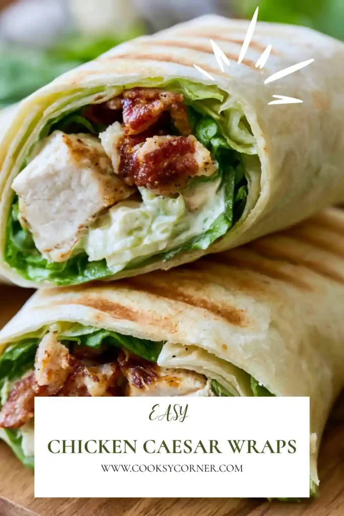 Healthy Chicken Caesar Wraps made with fresh romaine lettuce, shredded chicken, Parmesan cheese, and turkey bacon. A quick meal idea served fresh and sliced.