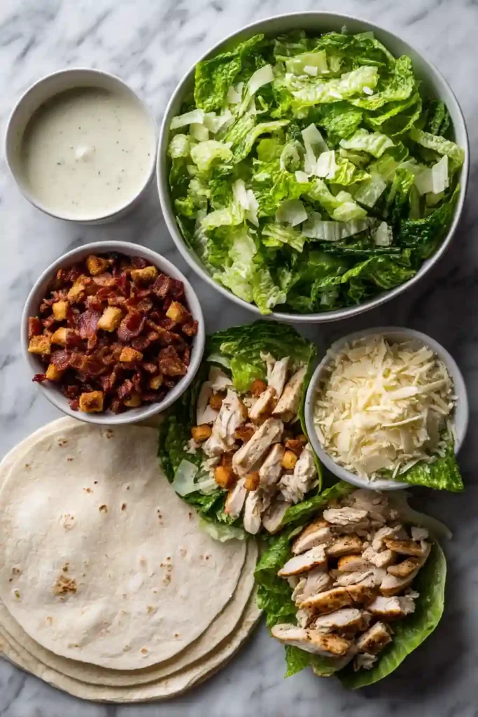 Homemade Chicken Caesar Wraps arranged on a serving platter with visible layers of chicken, lettuce, Parmesan, and crunchy croutons. A fresh and satisfying lunch recipe.