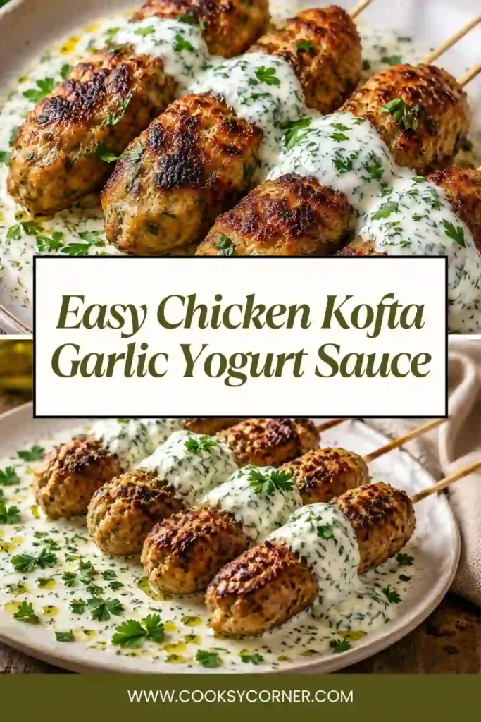 Juicy baked chicken kofta kebabs topped with fresh parsley and served alongside tangy garlic yogurt sauce. Perfect for a healthy family meal.