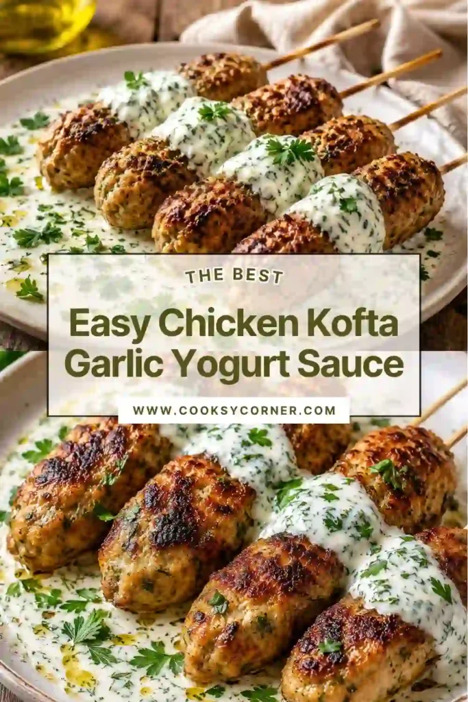 Middle Eastern chicken kofta arranged on a platter with garlic yogurt dipping sauce and fresh herbs. A flavorful high-protein dinner recipe.