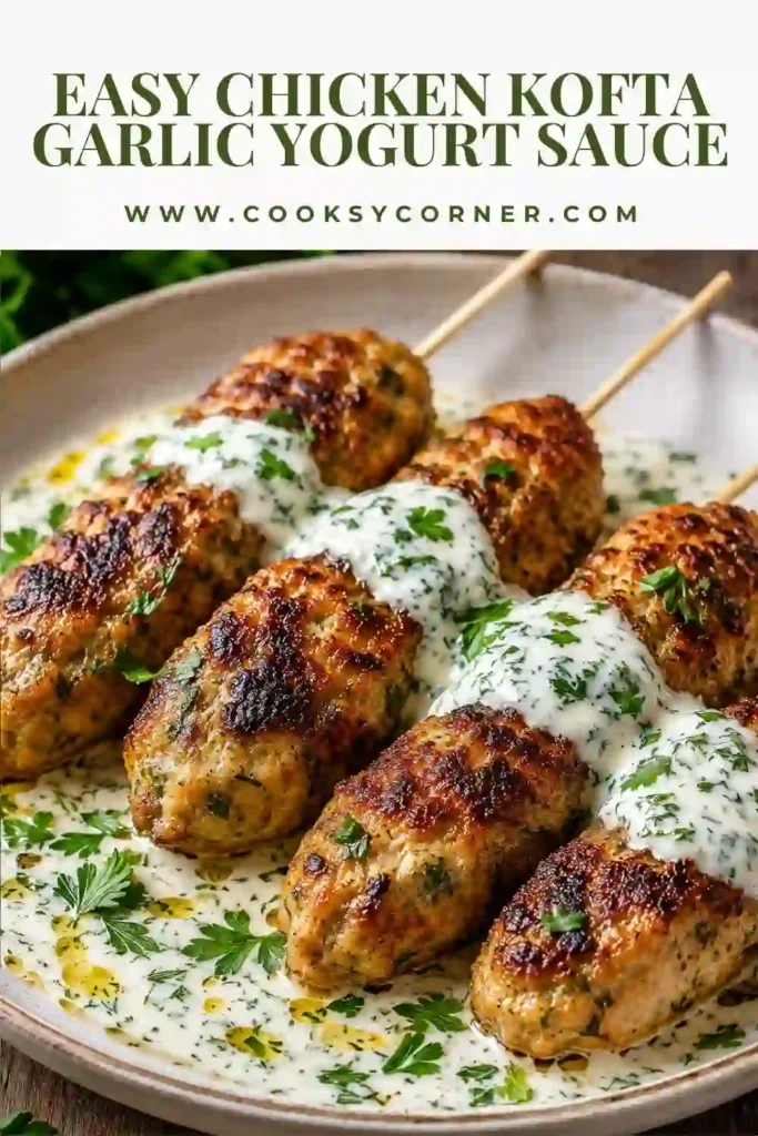 Chicken kofta kebabs served on skewers with creamy garlic yogurt sauce, fresh parsley, and lemon wedges. The baked chicken is golden brown and perfectly seasoned.