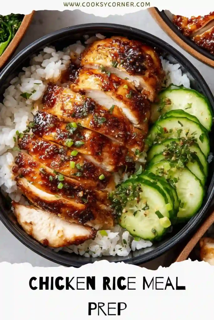 High-protein Chicken Rice Meal Prep served in containers with seasoned rice and fresh vegetables.