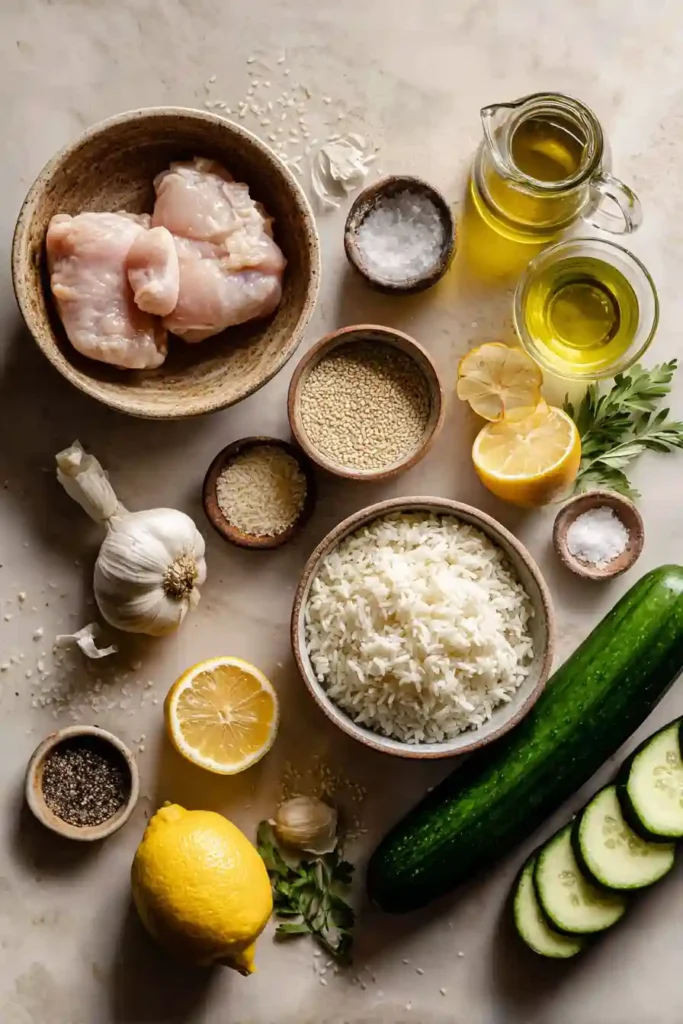 Easy chicken and rice meal prep bowls topped with sliced chicken, cucumber, and sesame seeds.