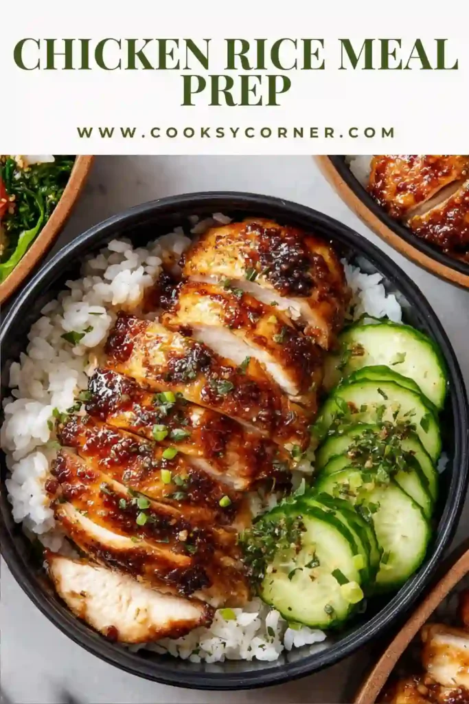 Healthy meal prep containers featuring juicy chicken thighs, jasmine rice, and cucumber garnished with sesame seeds.