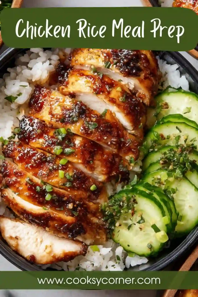 Chicken Rice Meal Prep bowls filled with sliced lemon garlic chicken, sesame rice, and fresh cucumber slices.