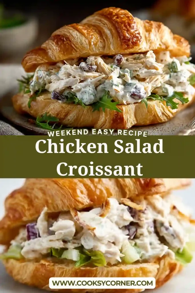 Close-up view of a homemade Chicken Salad Croissant Recipe featuring juicy chicken, red grapes, celery, and dill dressing inside a golden croissant.