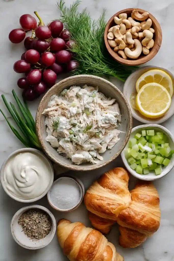 Homemade croissant sandwich stuffed with creamy chicken salad, grapes, celery, and cashews. A delicious and easy meal-prep lunch option.