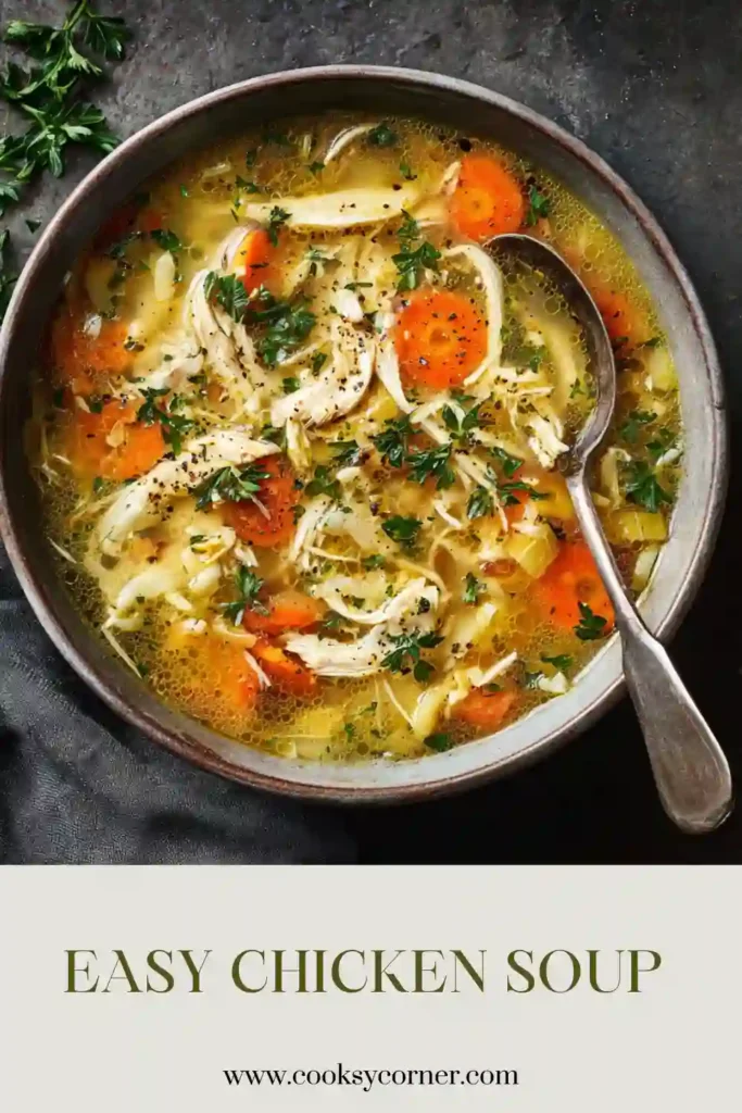 Classic chicken vegetable soup featuring carrots, parsnips, celery, and shredded chicken simmered in rich broth. A warm and comforting comfort food favorite.