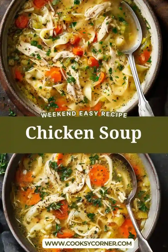 Healthy chicken soup served in a white bowl with tender chicken breast, fresh vegetables, parsley, and aromatic herbs. A nourishing homemade soup recipe for any season.