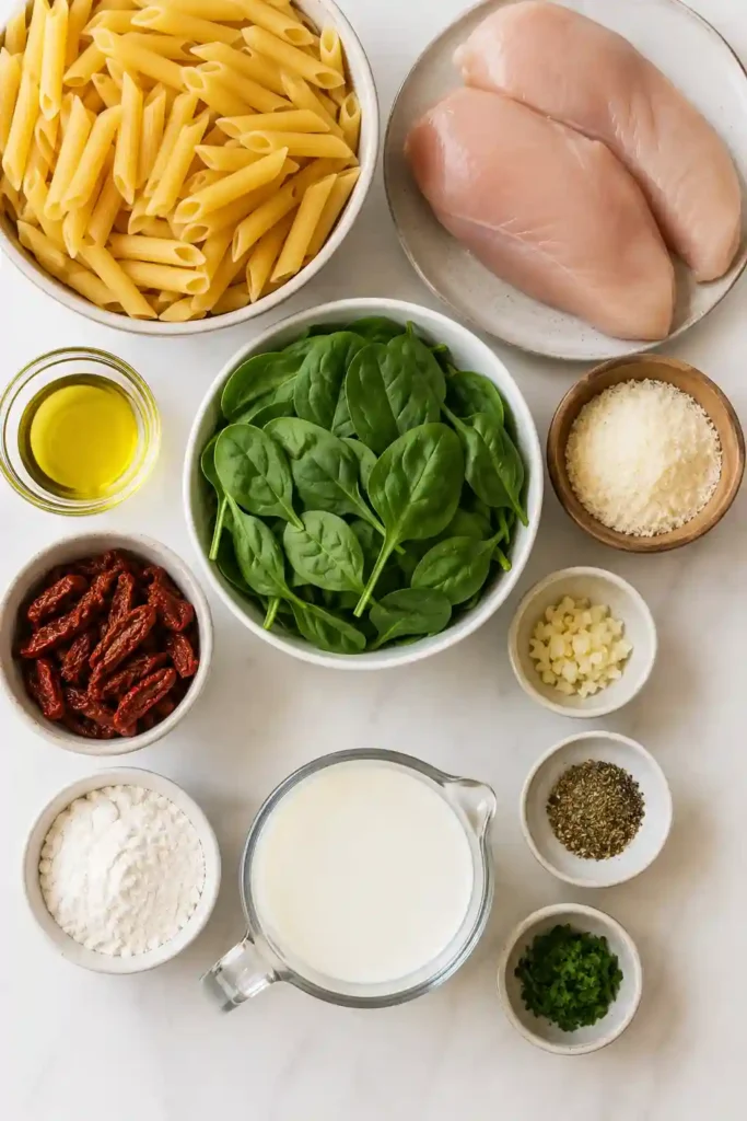 Close-up view of Chicken Spinach Pasta coated in a velvety Parmesan sauce. The dish includes juicy chicken breast, spinach, and perfectly cooked pasta.