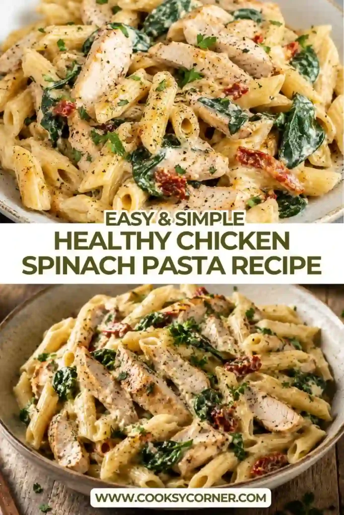 Homemade Chicken Spinach Pasta served in a white bowl with creamy Parmesan sauce. Fresh spinach and seasoned chicken create a hearty and flavorful dinner.