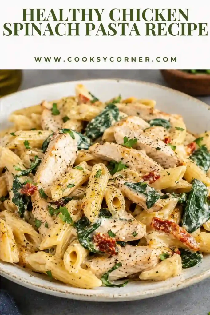 A bowl of creamy Chicken Spinach Pasta topped with Parmesan cheese and fresh parsley. Tender chicken slices are mixed with pasta and wilted spinach in a rich, savory sauce.
