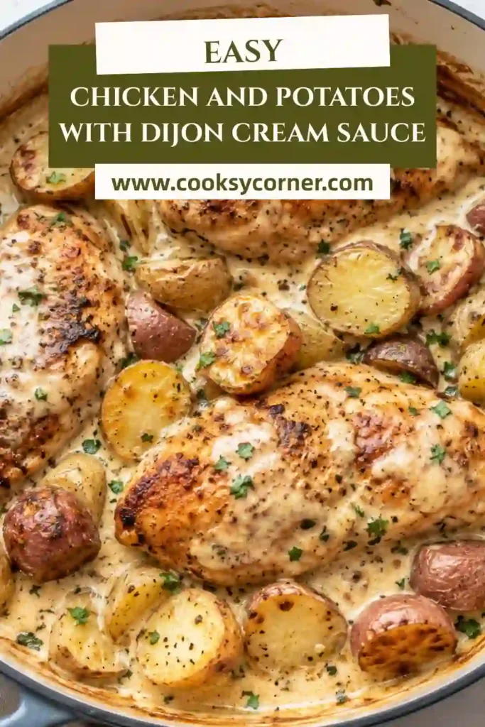 Juicy chicken breasts with roasted baby potatoes covered in a silky Dijon cream sauce. An easy skillet recipe that's ideal for weeknight comfort food.