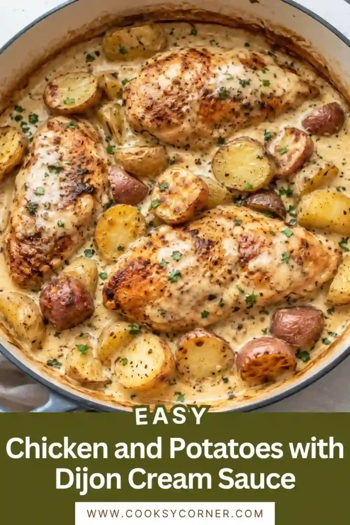 Creamy Chicken and Potatoes with Dijon Cream Sauce baked in a skillet until perfectly tender. A hearty chicken dinner featuring baby potatoes and a smooth mustard cream sauce.