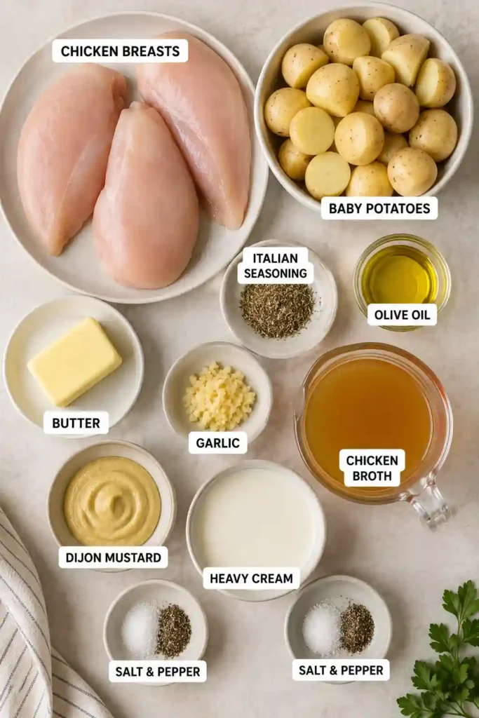 One-pan Chicken and Potatoes with Dijon Cream Sauce garnished with fresh parsley. This rich and creamy chicken recipe is simple, satisfying, and family-friendly.