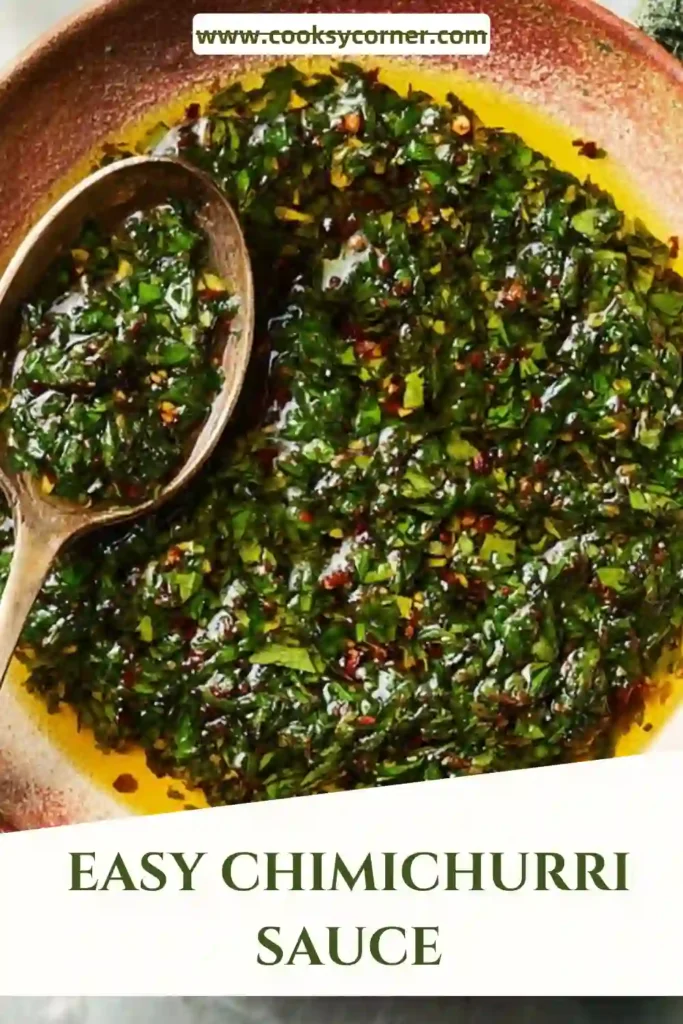 A bowl of homemade Chimichurri Sauce Recipe made with fresh parsley, garlic, olive oil, and herbs. The vibrant green sauce is ready to serve alongside grilled vegetables.