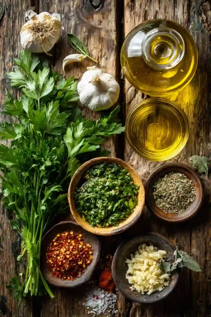 Homemade parsley chimichurri sauce prepared with olive oil, garlic, vinegar, and herbs. This Argentine-inspired sauce adds vibrant flavor to vegetables and side dishes.