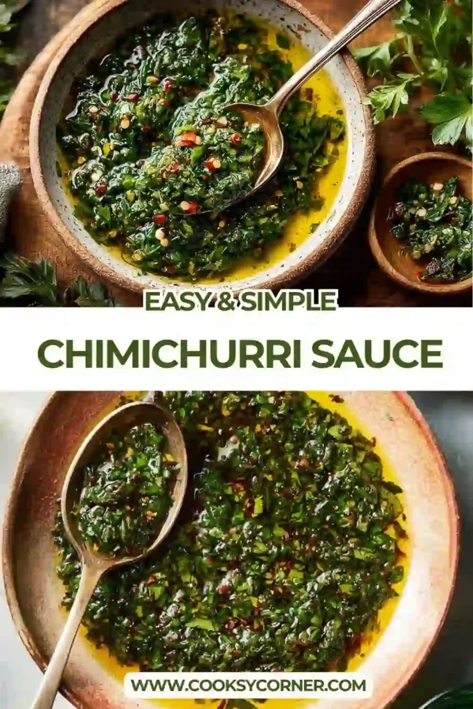 Fresh chimichurri sauce with chopped parsley and garlic in a small serving bowl. This easy herb sauce is perfect for roasted vegetables and healthy meals.