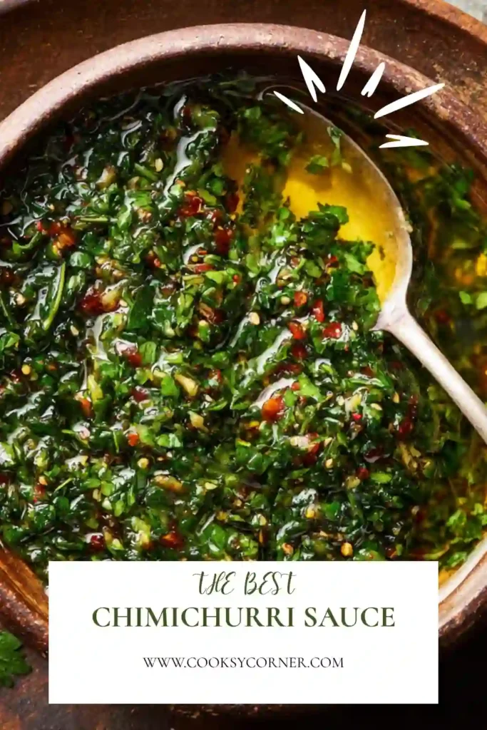 Close-up view of a bright green Chimichurri Sauce Recipe featuring parsley, olive oil, and seasonings. A fresh and flavorful condiment for everyday cooking.